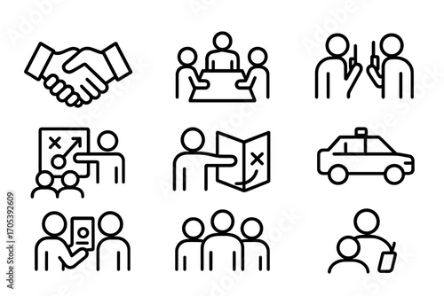 Field Agent Icon Set. Outline icon set of field agent teamwork: handshake, team meeting, radio chat, group strategy, map planning,
