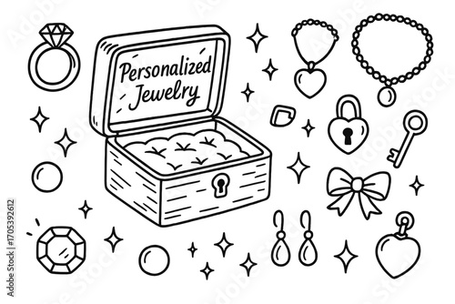 Jewelry Box Sketches. Hand-drawn doodle illustration personalized jewelry box engraved box, ring, necklace, bracelet, earrings,