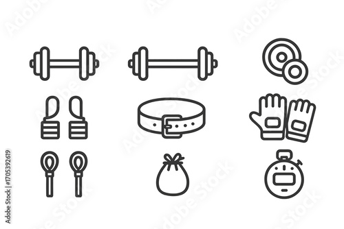 Weightlifting Gear Icons. Outline icon set of weightlifting gear: dumbbell, barbell, weight plates, lifting gloves, wrist wraps,