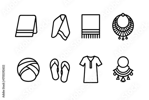 Ethiopian Clothing Icons. Outline icon set of Ethiopian traditional clothing: Gabi cloth, Netela shawl, Shamma fabric, Beaded