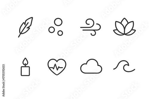 Calm and Digital Icons. Outline icon set of calming breath symbols: feather, bubble, wind swirl, lotus, candle flame, heart beat