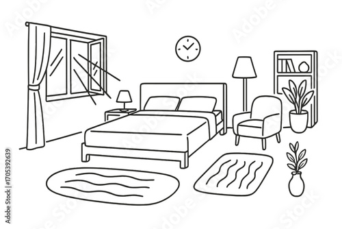 Minimalist Bedroom Doodle. Hand-drawn doodle illustration Spacious bedroom large bed, open window, bedside table, lamp, curtain,