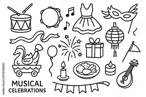 Musical Celebration Doodles. Hand-drawn doodle illustration Musical celebrations drum, tambourine, musical notes, dance costume,