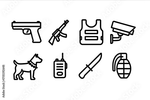 Cartel Defense Icons. Outline icon set of cartel weapons and defense: pistol, rifle, bulletproof vest, security camera, guard dog,