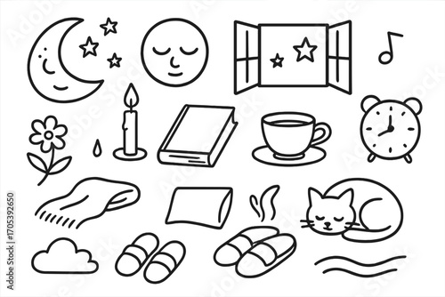 Cozy Night Icons. Hand-drawn doodle illustration solitude and peace moon, stars, quiet face, open window, candle, soft blanket,