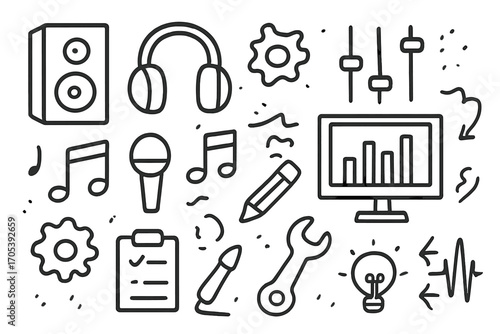 Audio Tools Doodle. Hand-drawn doodle illustration sound preset speaker, headphones, equalizer, sliders, music note, microphone,