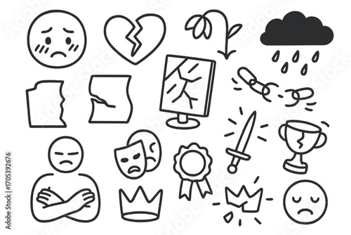 Symbols of Disgrace. Hand-drawn doodle illustration humiliation and disgrace blushing face, broken heart, cracked mirror, wilted