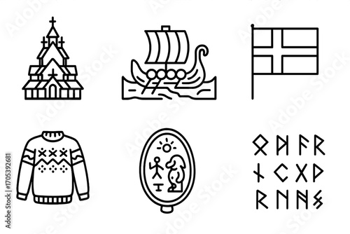 Norwegian Cultural Icons. Outline icon set of Norwegian culture: stave church, Viking ship, fjord, Norwegian flag, traditional