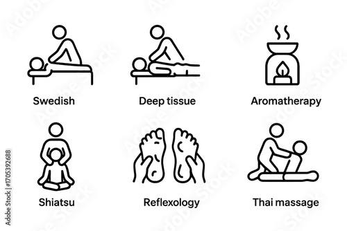 Massage Icon Set. Outline icon set of massage types: Swedish massage, deep tissue, hot stone, aromatherapy, shiatsu, reflexology,