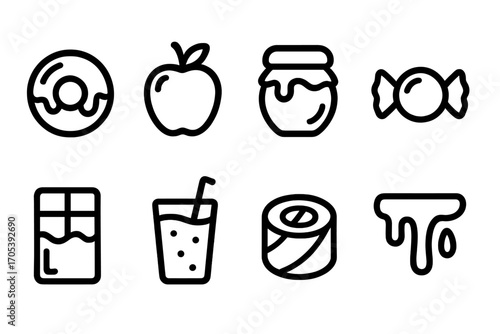 Glossy Food Icons. Outline icon set of glossy food and drinks: glazed donut, shiny apple, honey jar, candy, chocolate bar,