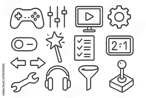 Game Icon Doodles. Hand-drawn doodle illustration game preset gamepad, sliders, computer screen, play button, gear, toggle switch,