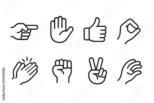 Hand Gesture Icons. Outline icon set of hand and finger movements: pointing finger, waving hand, thumbs up, pinch gesture,