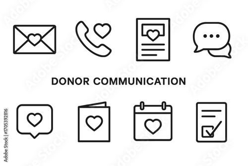 Donor Communication Icons. Outline icon set of donor communication: email, phone call, newsletter, chat bubble, social media,