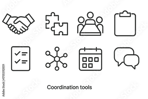Coordination Tools Icons. Outline icon set of coordination tools: handshake, puzzle pieces, group meeting, clipboard, checklist,
