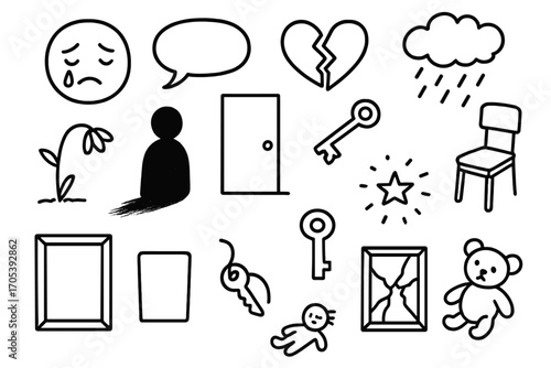 Symbols of Loneliness. Hand-drawn doodle illustration emotional neglect sad face, tear drop, empty speech bubble, broken heart,