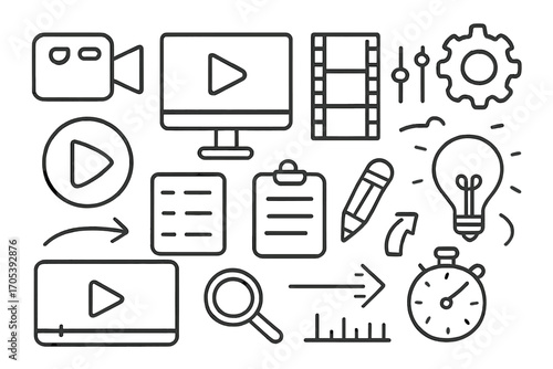 Video Editing Icons. Hand-drawn doodle illustration video preset camera, computer screen, film strip, sliders, settings icon, play