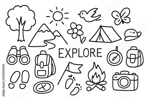 Nature and Space Doodles. Hand-drawn doodle illustration nature explore tree, mountain, river, binoculars, backpack, sun, bird,