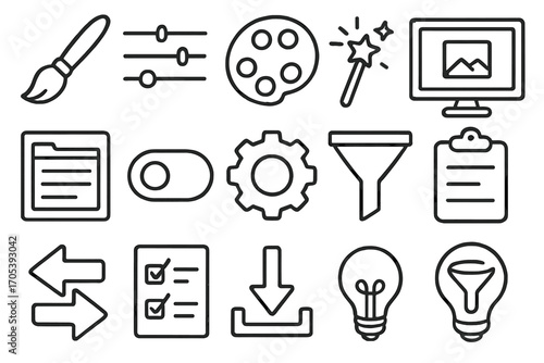 Digital Tool Icons. Hand-drawn doodle illustration filter preset paintbrush, sliders, color palette, magic wand, computer screen,