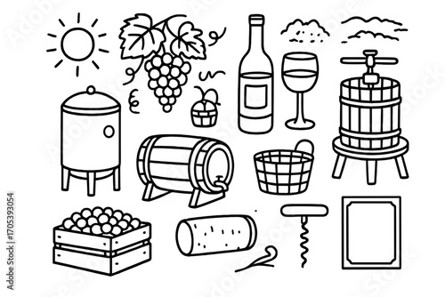 Wine Making Icons. Hand-drawn doodle illustration Wine making process wine bottle, wine glass, grape cluster, barrel, fermentation