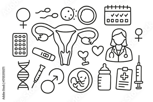 Reproductive Health Doodles. Hand-drawn doodle illustration Reproductive health uterus, sperm, egg cell, contraception pill,