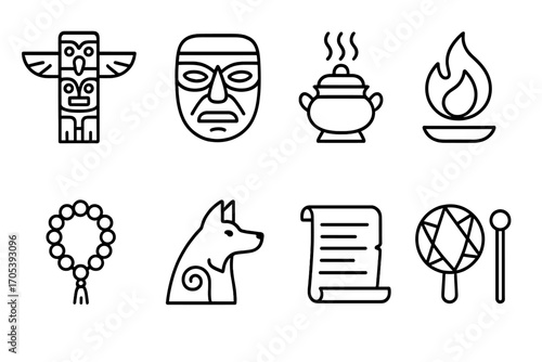 Sacred Symbols Icons. Outline icon set of respect the spirit: totem pole, ceremonial mask, incense burner, sacred flame, prayer