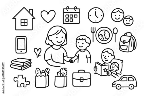 Single Parent Support. Hand-drawn doodle illustration single parent care and support parent holding child hand, heart symbol,