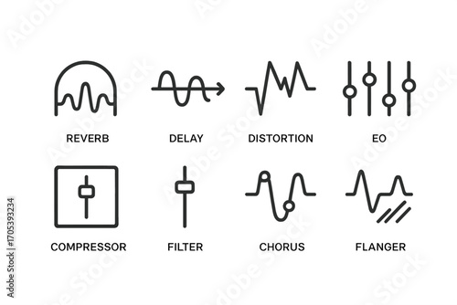 Audio Effects Icons. Outline icon set of sequencer effects: reverb, delay, distortion, EQ, compressor, filter, chorus, flanger.