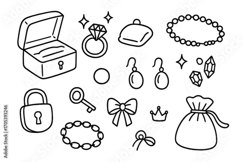 Jewelry Box Doodle. Hand-drawn doodle illustration jewelry box open box, ring, necklace, earrings, bracelet, velvet cushion, lock,