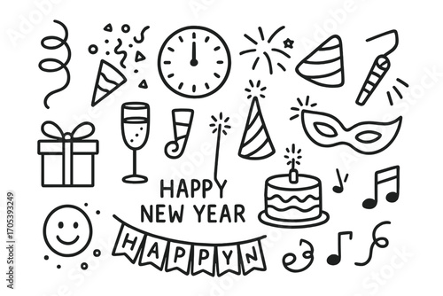 New Year's Eve Icons. Hand-drawn doodle illustration New Year’s Eve party decorations and fun streamer, balloon, confetti, party