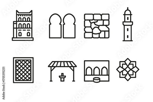 Yemeni Architecture Icons. Outline icon set of Yemeni architecture: Mudbrick tower house, Arched doorways, Stone walls, Mosque