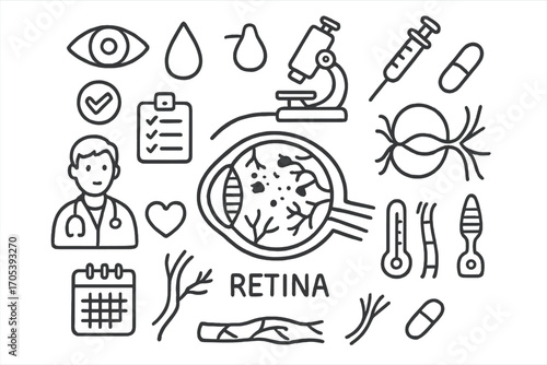 Diabetic Retinopathy Doodle. Hand-drawn doodle illustration retina diabetic retinopathy retina, eye, blood drop, microscope,