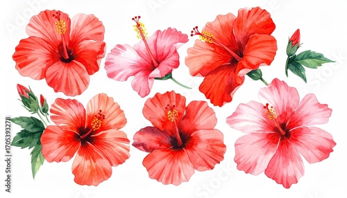 Wallpaper Mural Collection of Watercolor Red and Pink Hibiscus Flowers with Yellow Stamens Isolated on White Background Detailed Floral Illustration Torontodigital.ca