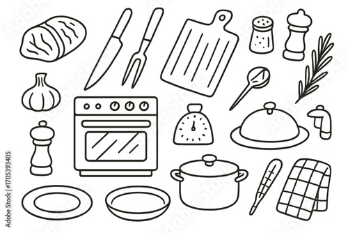 Roast Beef Prep Tools. Hand-drawn doodle illustration Preparing roast beef raw beef, carving knife, fork, cutting board, seasoning