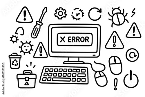 Tech Troubleshooting Doodles. Hand-drawn doodle illustration tech troubleshooting computer monitor, screwdriver, warning sign,