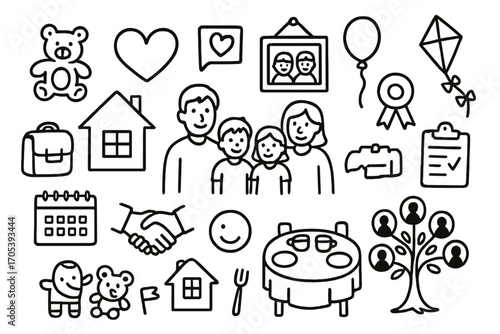 Foster Family Doodle Icons. Hand-drawn doodle illustration foster family care family, children, house, heart, toys, school bag,