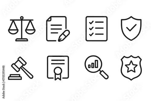 Investment Compliance Icons. Outline icon set of investment fund compliance: legal scales, contract, checklist, shield, gavel,