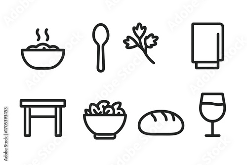 Slow Cooker Meal Icons. Outline icon set of slow cooker meal presentation: serving bowl, spoon, garnish, napkin, dining table,