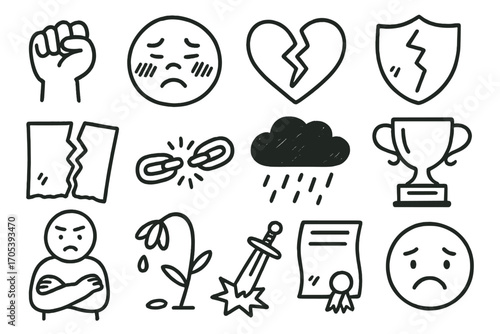 Icons of Hurt Pride. Hand-drawn doodle illustration hurt pride clenched fist, blushing face, broken heart, cracked shield, torn