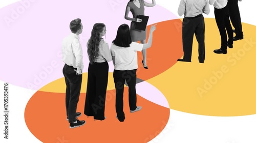 Playful stop motion of businesswoman presenting to two merging teams in overlapping diagram. Concept of corporate integration, team alignment, consulting, leadership training, synergy.