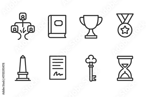Legacy Icons Collection. Outline icon set of legacy themes: family tree, old book, trophy, medal, monument, will document,