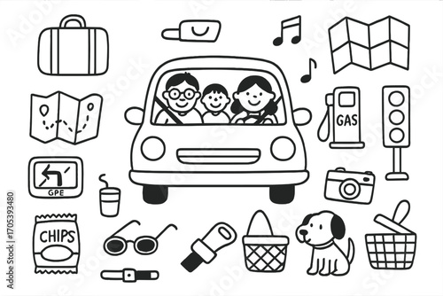 Family Road Trip Doodles. Hand-drawn doodle illustration family car road trip car, suitcase, map, GPS, family, children, snacks,