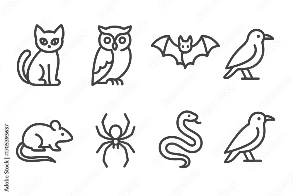 Fototapeta premium Spectral Animal Icons. Outline icon set of spectral animals: black cat, owl, bat, crow, rat, spider, snake, raven. [Line icons in