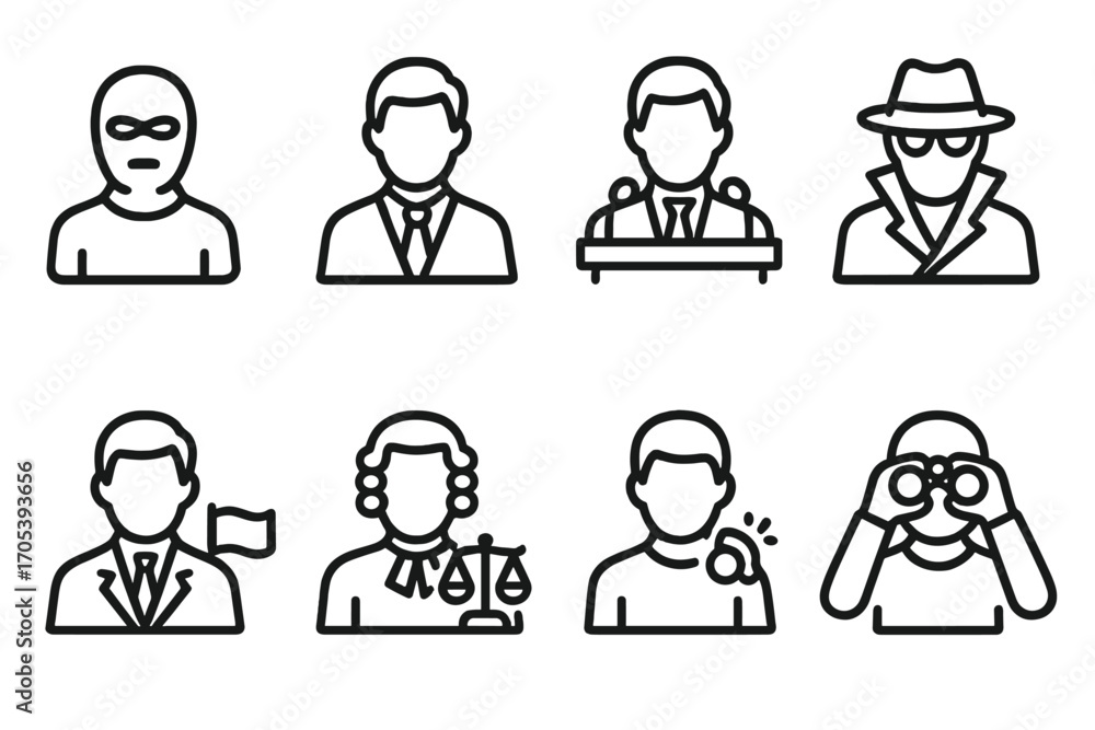 Fototapeta premium Hidden Agenda Icons. Outline icon set of hidden agenda participants: masked person, businessman, politician, spy, diplomat, lawyer