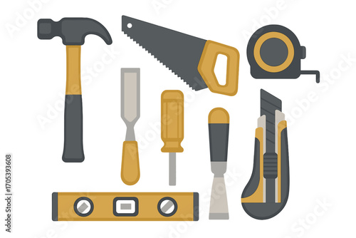 Assorted carpentry and DIY hand tools for construction and home projects