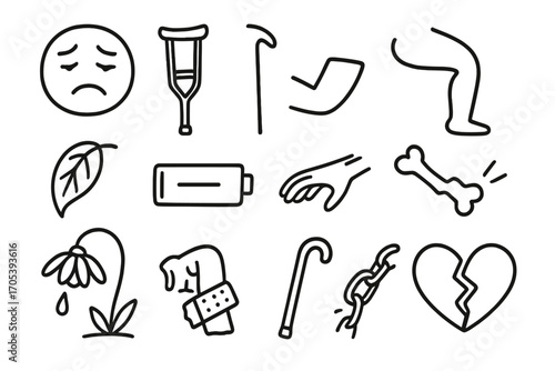Symbols of Weakness. Hand-drawn doodle illustration physical weakness tired face, crutch, bent stick, sagging muscle, empty