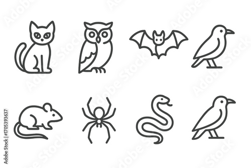 Spectral Animal Icons. Outline icon set of spectral animals: black cat, owl, bat, crow, rat, spider, snake, raven. [Line icons in