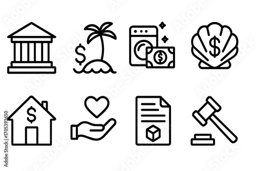 Dark Money Icons. Outline icon set of dark money channels: bank building, offshore island, money laundering, shell corporation,