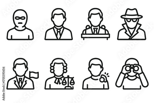 Hidden Agenda Icons. Outline icon set of hidden agenda participants: masked person, businessman, politician, spy, diplomat, lawyer
