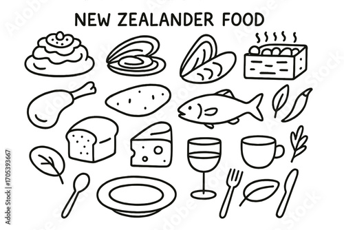 New Zealand Food Icons. Hand-drawn doodle illustration New Zealander food pavlova, green-lipped mussel, hangi oven, lamb chop,