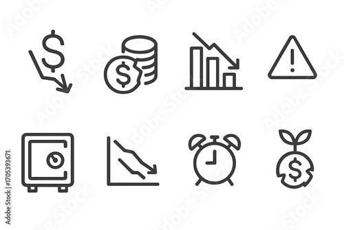 Financial Crisis Icons. Outline icon set of financial crisis: falling dollar sign, broken coin stack, plummeting bar chart,